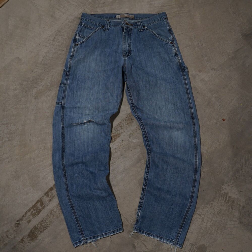 Y2K Lee Carpenter Jeans Mens 31x32 Distressed Thrashed Light Wash Baggy Workwear